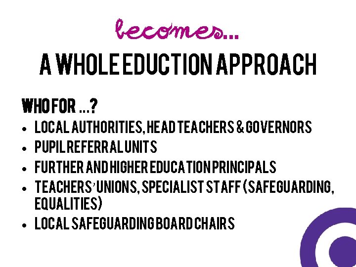 Becomes… A whole eduction approach Who for …? Local authorities, Head teachers & governors