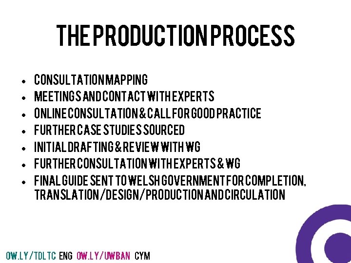 The Production process • • Consultation mapping Meetings and contact with experts Online consultation
