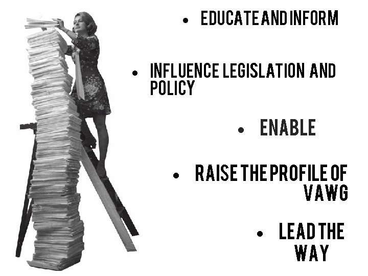 • educate and inform • Influence legislation and policy • enable • Raise
