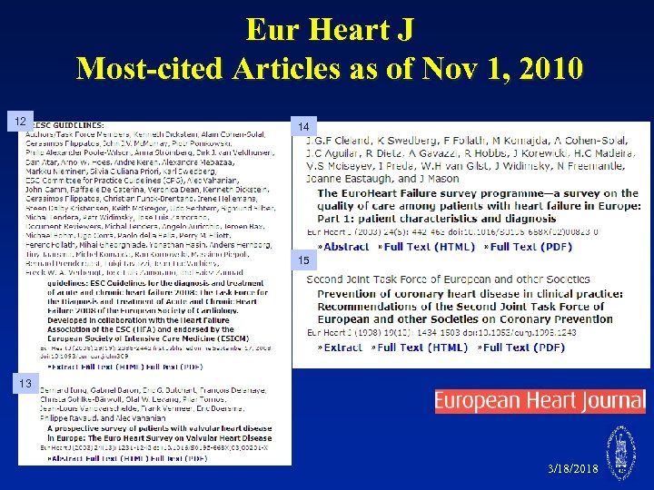 Eur Heart J Most-cited Articles as of Nov 1, 2010 12 14 15 13
