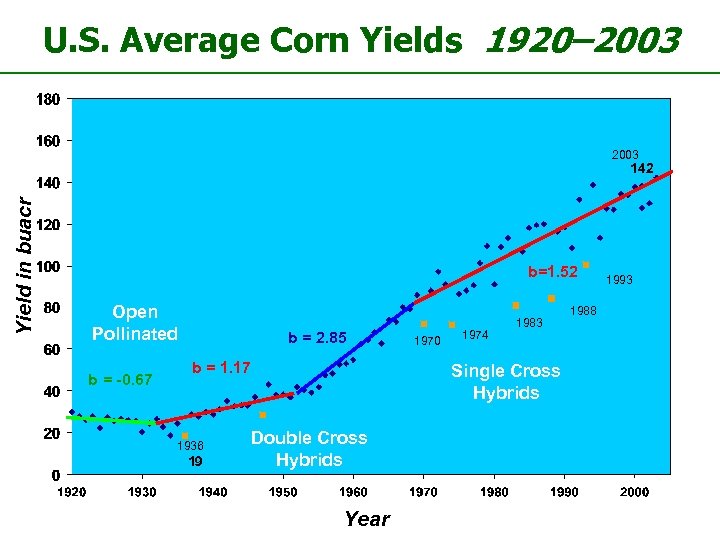 U. S. Average Corn Yields 1920– 2003 Yield in buacr 142 b=1. 52 Open