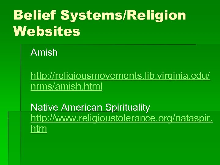 Belief Systems/Religion Websites Amish http: //religiousmovements. lib. virginia. edu/ nrms/amish. html Native American Spirituality