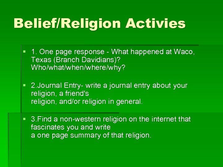 Belief/Religion Activies § 1. One page response - What happened at Waco, Texas (Branch