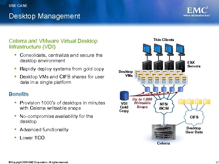 USE CASE Desktop Management Thin Clients Celerra and VMware Virtual Desktop Infrastructure (VDI) Consolidate,