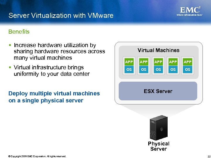 Server Virtualization with VMware Benefits Increase hardware utilization by sharing hardware resources across many