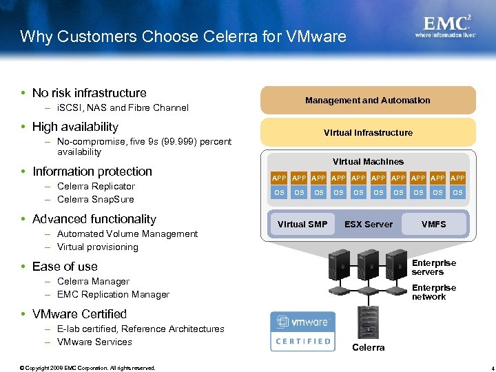 Why Customers Choose Celerra for VMware No risk infrastructure Management and Automation – i.