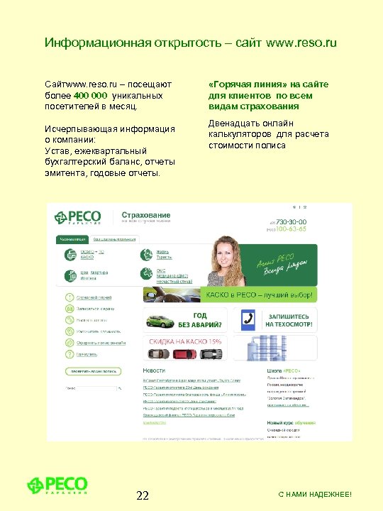 Информационная открытость – сайт www. reso. ru Сайтwww. reso. ru – посещают более 400