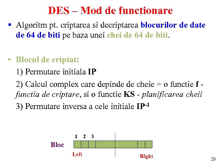 DES – Mod de functionare § Algoritm pt. criptarea si decriptarea blocurilor de date