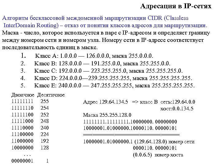 Адресация в IP-сетях Алгоритм бесклассовой междоменной маршрутизации CIDR (Classless Inter. Domain Routing) – отказ