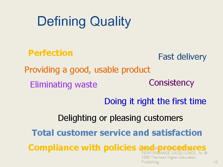 Defining Quality Perfection Fast delivery Providing a good, usable product Consistency Eliminating waste Doing