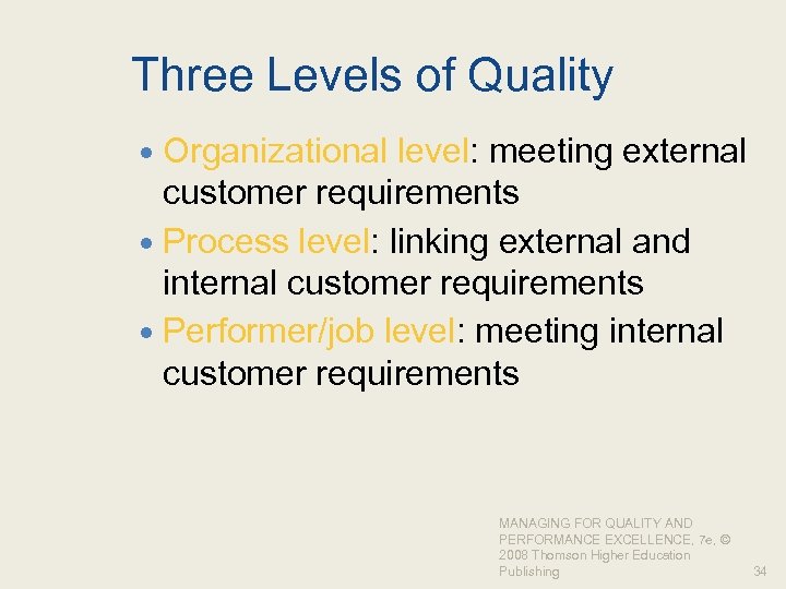 Three Levels of Quality Organizational level: meeting external customer requirements Process level: linking external