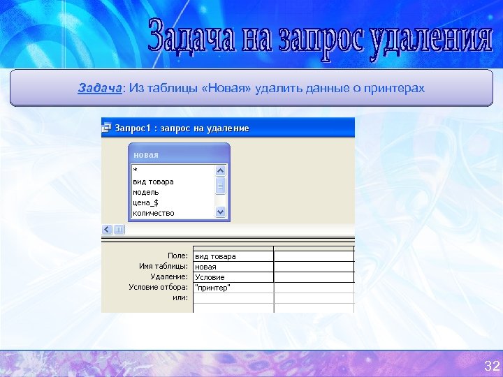 Задача: Из таблицы «Новая» удалить данные о принтерах 32 