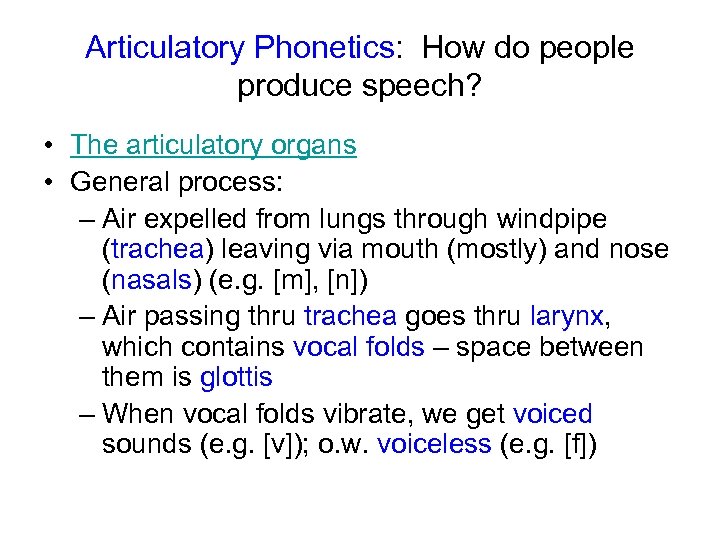 Articulatory Phonetics: How do people produce speech? • The articulatory organs • General process: