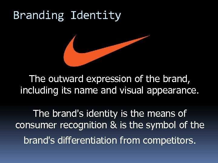 Branding Identity The outward expression of the brand, including its name and visual appearance.