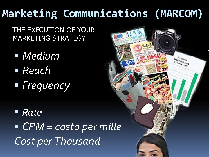 Marketing Communications (MARCOM) THE EXECUTION OF YOUR MARKETING STRATEGY Medium Reach Frequency Rate CPM