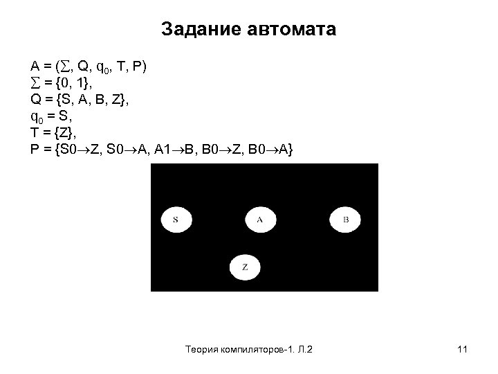 Задание автомата А = ( , Q, q 0, T, P) = {0, 1},