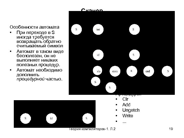Сканер Особенности автомата • При переходе в S иногда требуется возвращать обратно считываемый символ