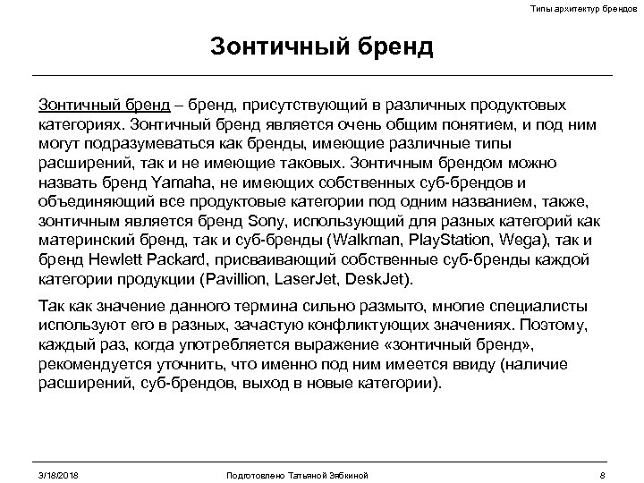 Типы архитектур брендов Зонтичный бренд – бренд, присутствующий в различных продуктовых категориях. Зонтичный бренд