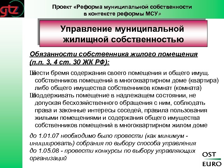 Проект «Реформа муниципальной собственности в контексте реформы МСУ» Управление муниципальной жилищной собственностью Обязанности собственника