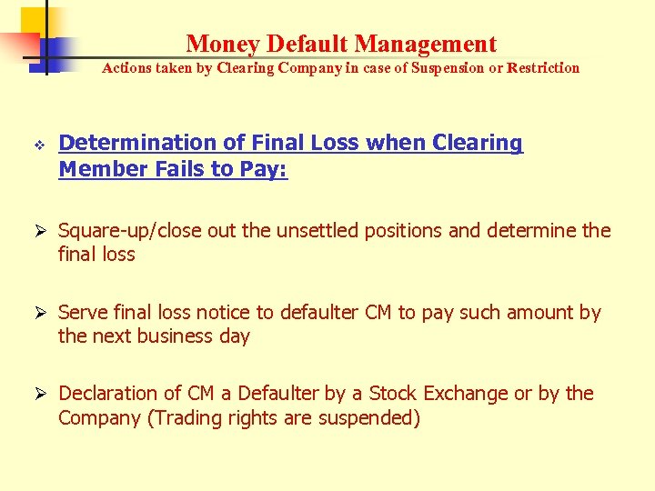 Money Default Management Actions taken by Clearing Company in case of Suspension or Restriction