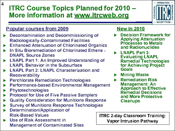 4 ITRC Course Topics Planned for 2010 – More information at www. itrcweb. org