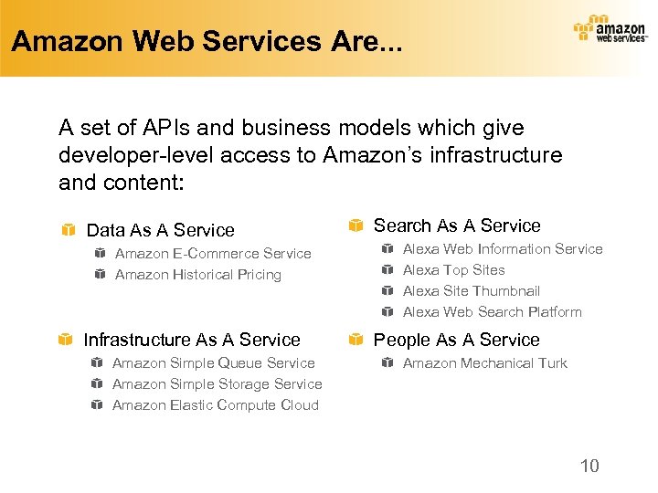 Amazon Web Services Are. . . A set of APIs and business models which