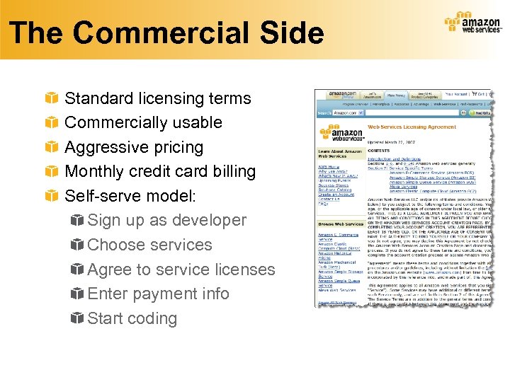 The Commercial Side Standard licensing terms Commercially usable Aggressive pricing Monthly credit card billing