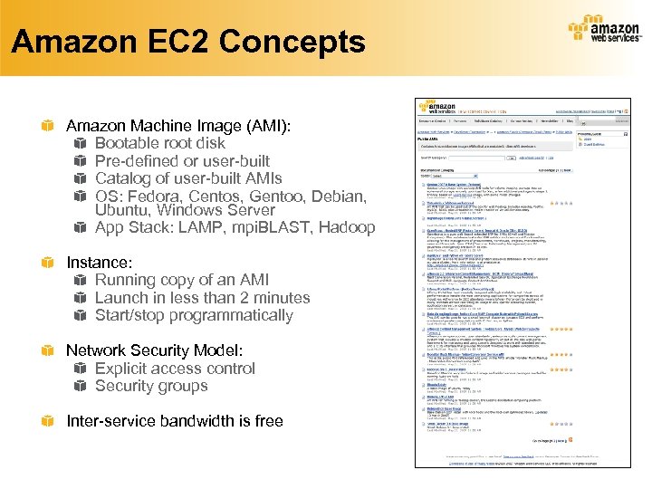 Amazon EC 2 Concepts Amazon Machine Image (AMI): Bootable root disk Pre-defined or user-built