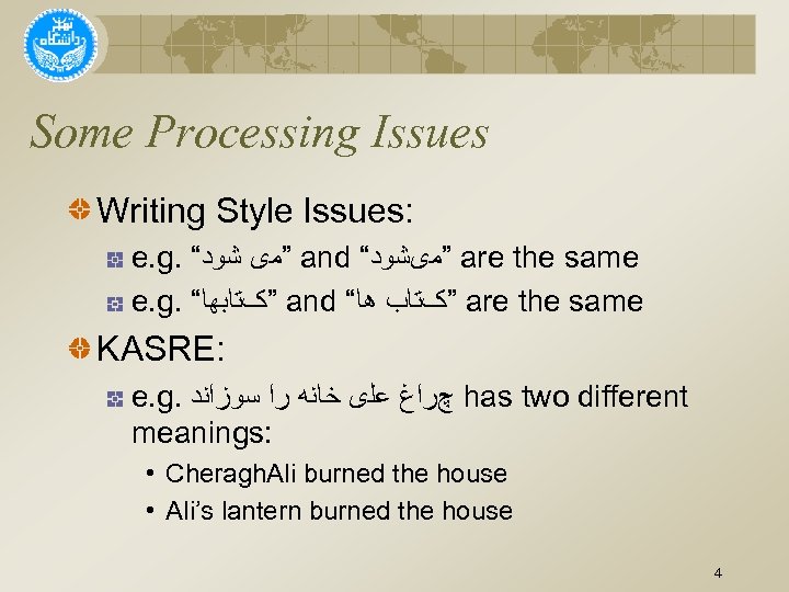 Some Processing Issues Writing Style Issues: e. g. “ ”ﻣی ﺷﻮﺩ and “ ”ﻣیﺸﻮﺩ