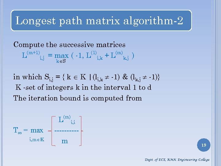 Longest path matrix algorithm-2 Compute the successive matrices L(m+1)i, j = max ( -1,