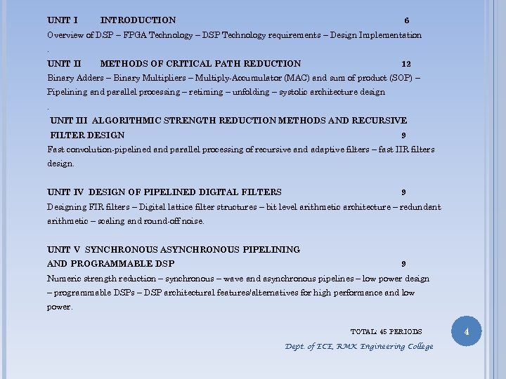 UNIT I INTRODUCTION 6 Overview of DSP – FPGA Technology – DSP Technology requirements