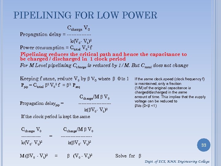 PIPELINING FOR LOW POWER Ccharge V 0 Propagation delay = -------k(V 0 - Vt)2