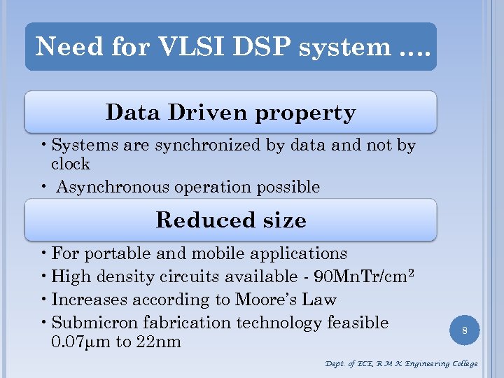 Need for VLSI DSP system …. Data Driven property • Systems are synchronized by