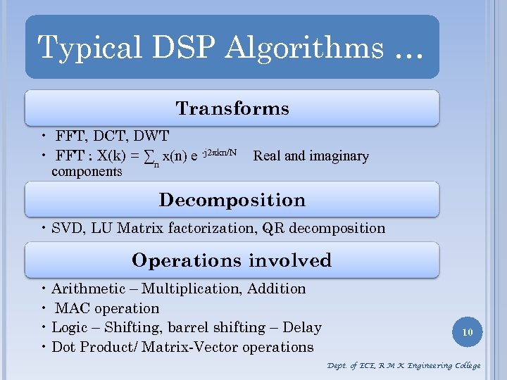 Typical DSP Algorithms … Transforms • FFT, DCT, DWT • FFT : X(k) =