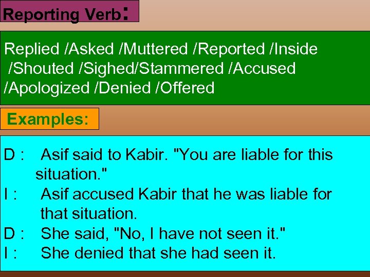 Reporting Verb: Replied /Asked /Muttered /Reported /Inside /Shouted /Sighed/Stammered /Accused /Apologized /Denied /Offered Examples: