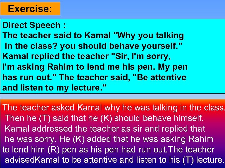 Exercise: Direct Speech : The teacher said to Kamal 
