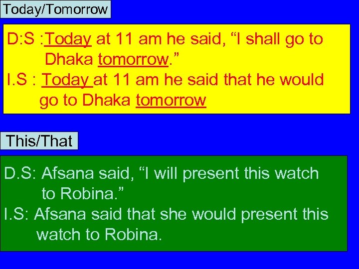 Today/Tomorrow D: S : Today at 11 am he said, “I shall go to