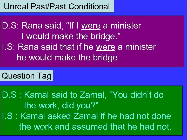 Unreal Past/Past Conditional D. S: Rana said, “If I were a minister I would