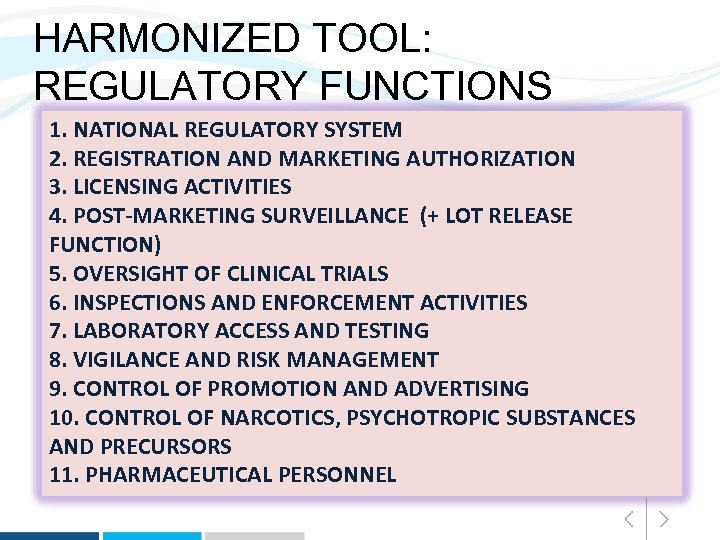 HARMONIZED TOOL: REGULATORY FUNCTIONS 1. NATIONAL REGULATORY SYSTEM 2. REGISTRATION AND MARKETING AUTHORIZATION 3.