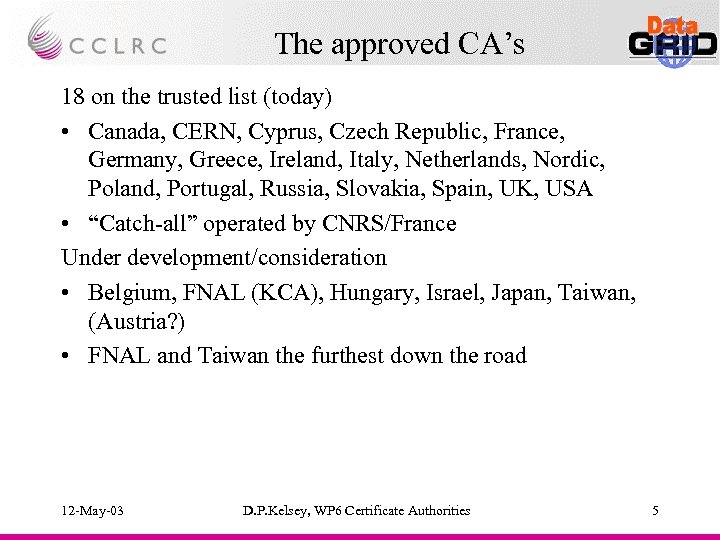 The approved CA’s 18 on the trusted list (today) • Canada, CERN, Cyprus, Czech