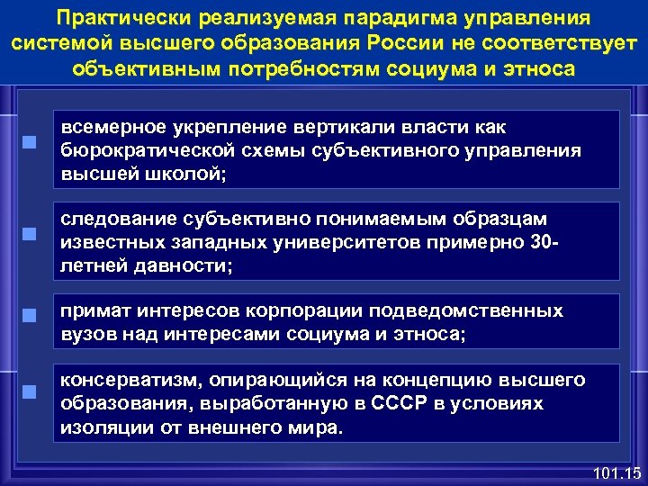 Практически реализуемая парадигма управления системой высшего образования России не соответствует объективным потребностям социума и