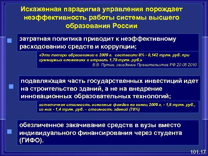 Искаженная парадигма управления порождает неэффективность работы системы высшего образования России затратная политика приводит к