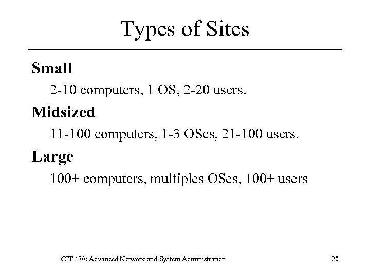 Types of Sites Small 2 -10 computers, 1 OS, 2 -20 users. Midsized 11