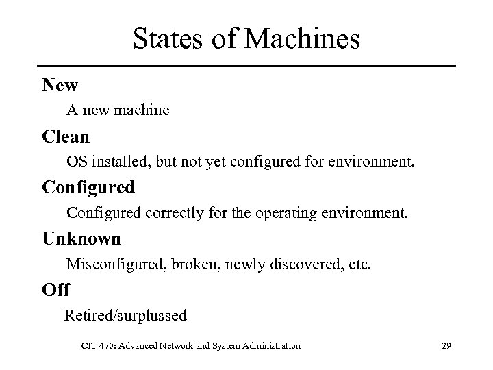 States of Machines New A new machine Clean OS installed, but not yet configured