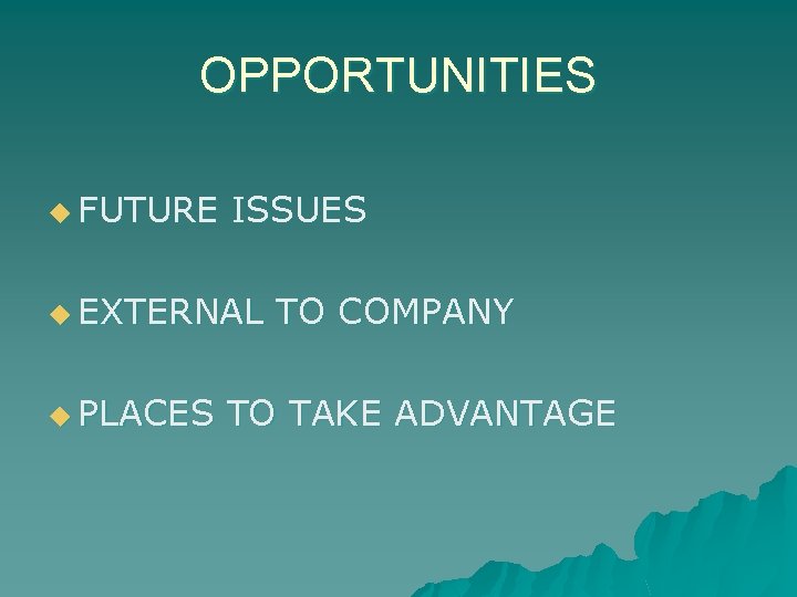 OPPORTUNITIES u FUTURE ISSUES u EXTERNAL u PLACES TO COMPANY TO TAKE ADVANTAGE 