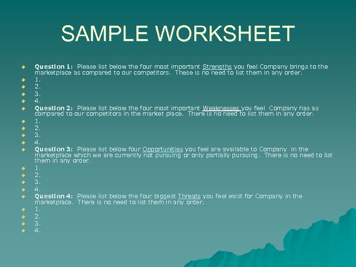 SAMPLE WORKSHEET u u u u u Question 1: Please list below the four