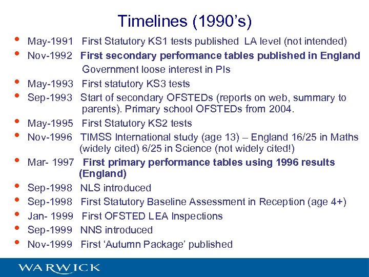  • • • Timelines (1990’s) May-1991 First Statutory KS 1 tests published LA