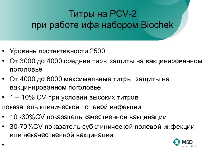 Титры на PCV-2 при работе ифа набором Biochek • Уровень протективности 2500 • От
