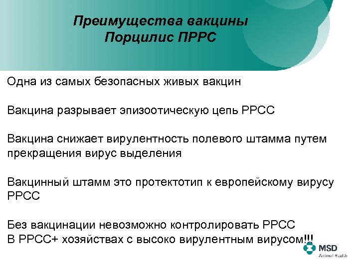 Преимущества вакцины Порцилис ПРРС Одна из самых безопасных живых вакцин Вакцина разрывает эпизоотическую цепь