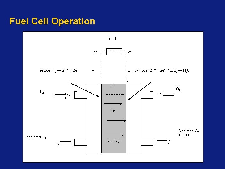 Fuel Cell Operation load e- anode: H 2 → 2 H+ + 2 e-